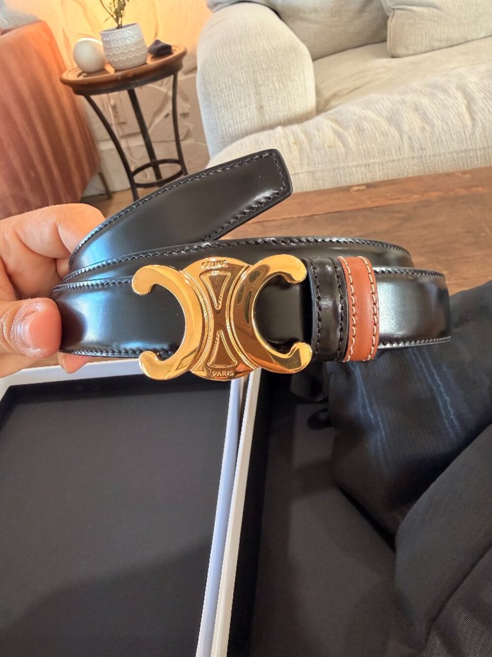 CELINE Triomphe Belt Black Leather Gold Logo New In Box